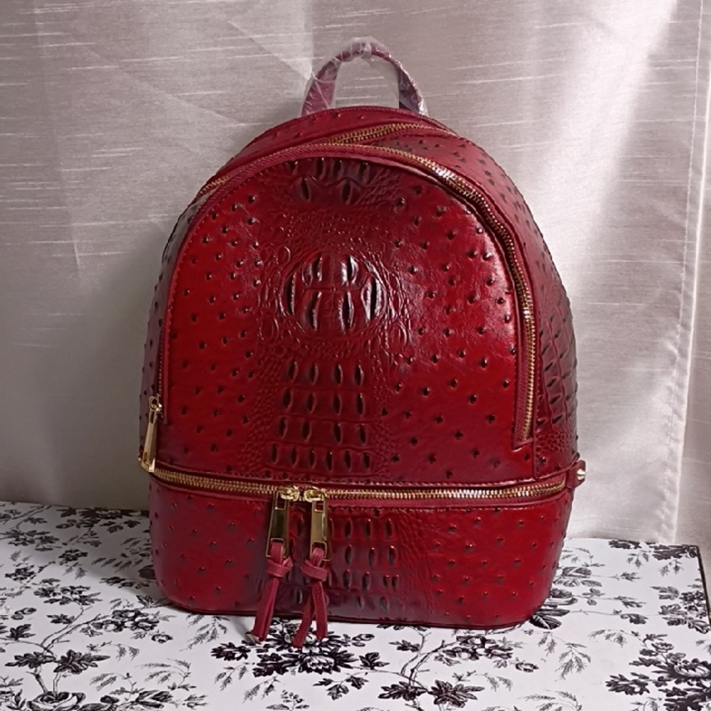 Exotic Backpack with Crocodile and Ostrich Print in Cherry Red